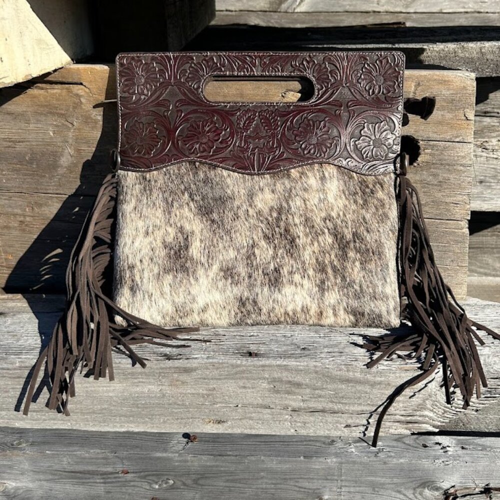 Cowhide and Coffee Brown Tooled Leather Concealed Carry Purse